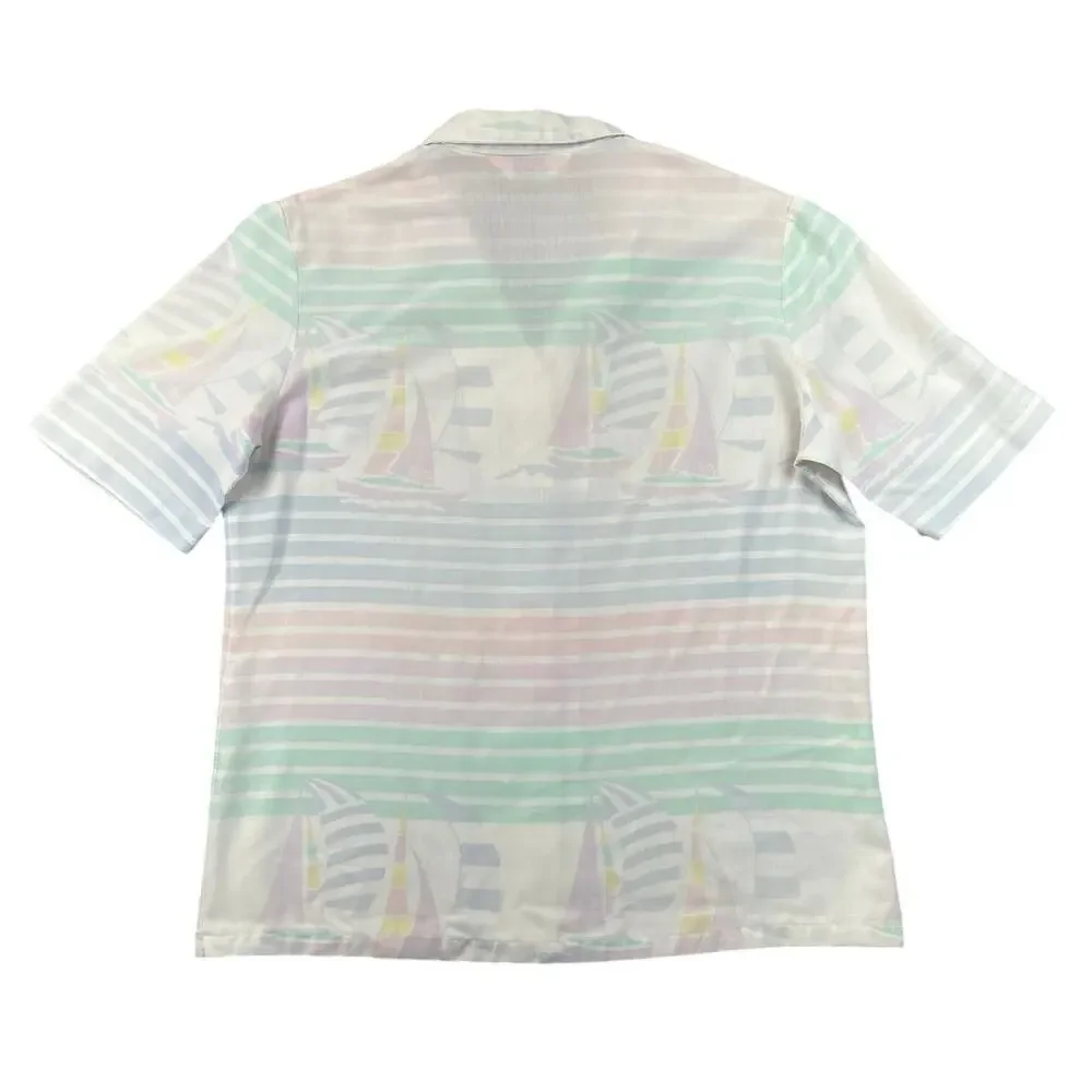 Vintage 90s Cheryl Tiegs Sailboat Print Blouse Pastel Nautical Resort USA - M